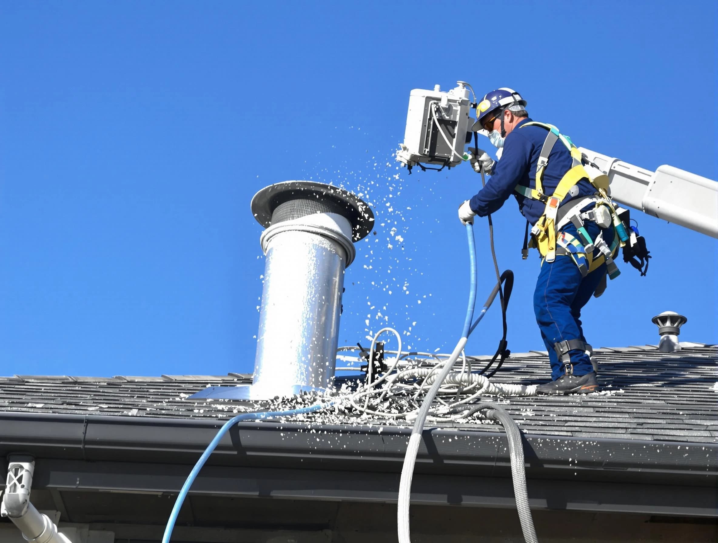 Allison Park Dryer Vent Cleaning certified technician safely cleaning a roof-mounted dryer vent in Allison Park