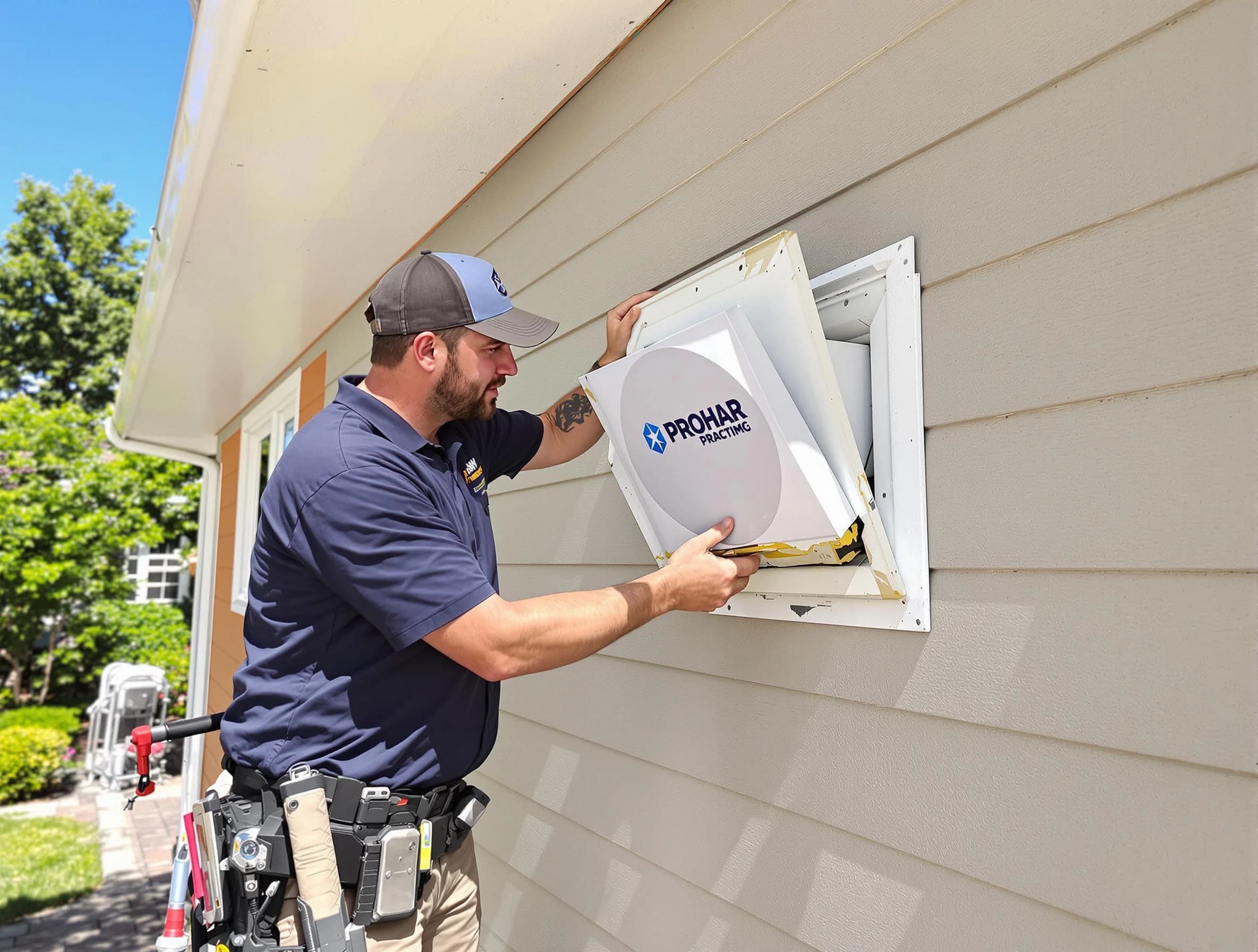 Allison Park Dryer Vent Cleaning technician installing a new protective dryer vent cover on a home in Allison Park